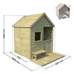 Cabane en bois traité avec terrasse et banc enfant - Heidi - Dimensions