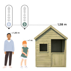 Cabane en bois traité avec terrasse et banc enfant - Heidi - Comparatif Taille des utilisateurs / hauteur du produit