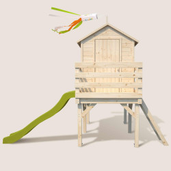 Cabane en bois sur pilotis avec toboggan pour enfants – Joséphine - Vue de face