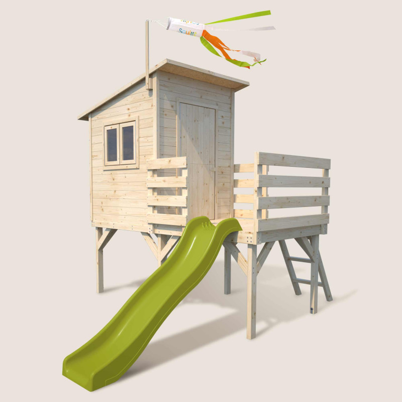 Cabane avec toboggan en bois sur pilotis pour enfants - Portland - Vue 3/4 droite