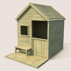Cabane en bois traité avec terrasse et banc enfant - Heidi - Vue 3/4 gauche