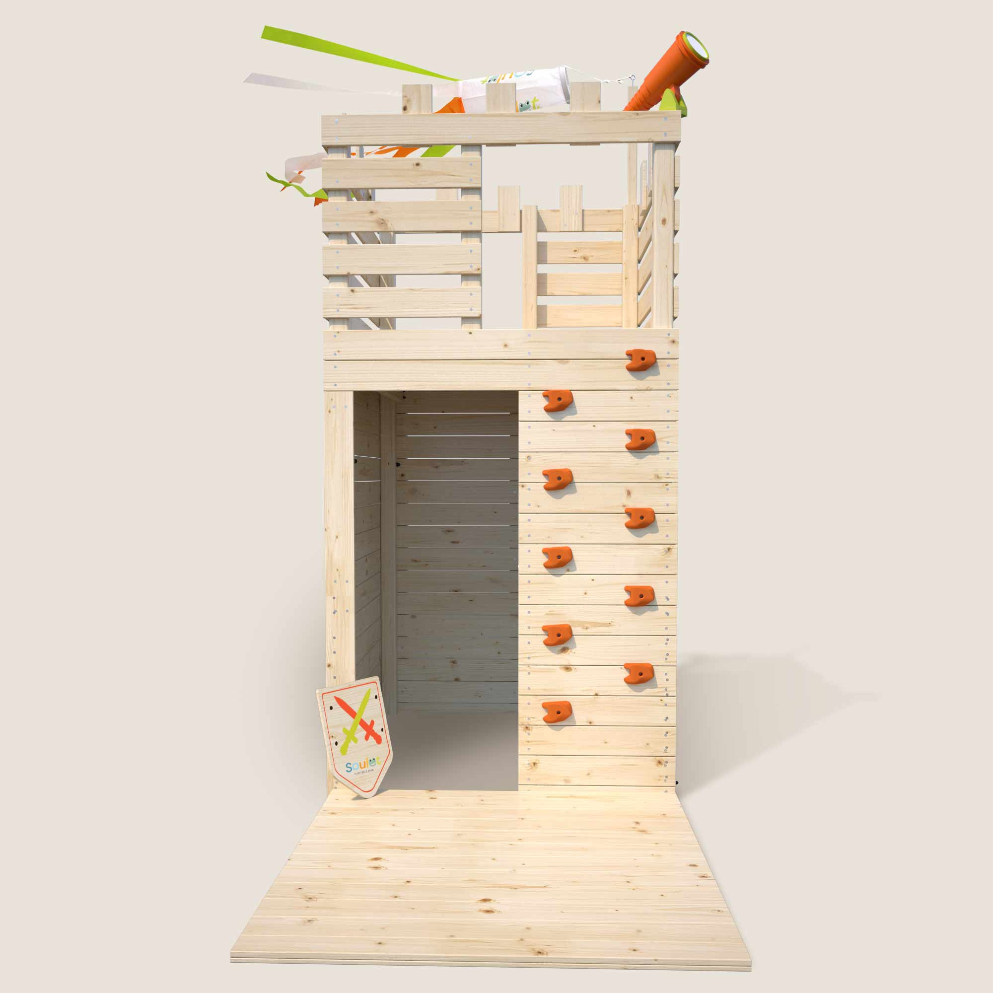 Cabane de jeux en bois brut Knight avec mur d'escalade - SOULET