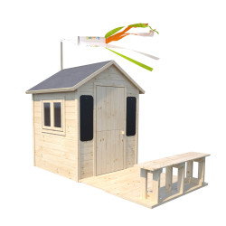 Cabane en bois avec terrasse et banc pour enfants - Grace - Vue 3/4 droite