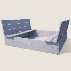 Bac à sable enfant gris avec couvercle et bancs rabattables – Soulet - Vue 3/4 gauche