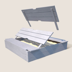 Bac à sable enfant gris avec couvercle et bancs rabattables – Soulet - Bac refermable grâce aux bancs amovibles