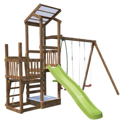 Aire de jeux 2 tours avec portique et mur d'escalade - FUNNY Swing & Climbing 120 - Aire de jeux, avec toboggan h. 120 cm