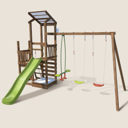 Aire de jeux 2 tours avec portique et mur d'escalade - FUNNY Swing & Climbing 120 - Vue de 3/4
