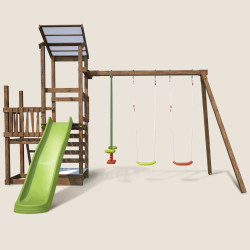 Aire de jeux 2 tours avec portique et mur d'escalade - FUNNY Swing & Climbing 120 - Vue de face