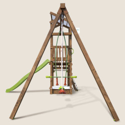 Aire de jeux 2 tours avec portique et mur d'escalade - FUNNY Swing & Climbing 120 - Vue de côté