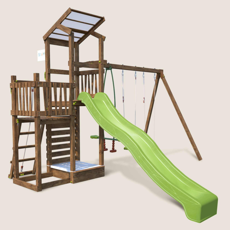 Aire de jeux pour enfant 2 tours avec portique et mur d'escalade - FUNNY Swing & Climbing 150 - Vue 3/4 droite