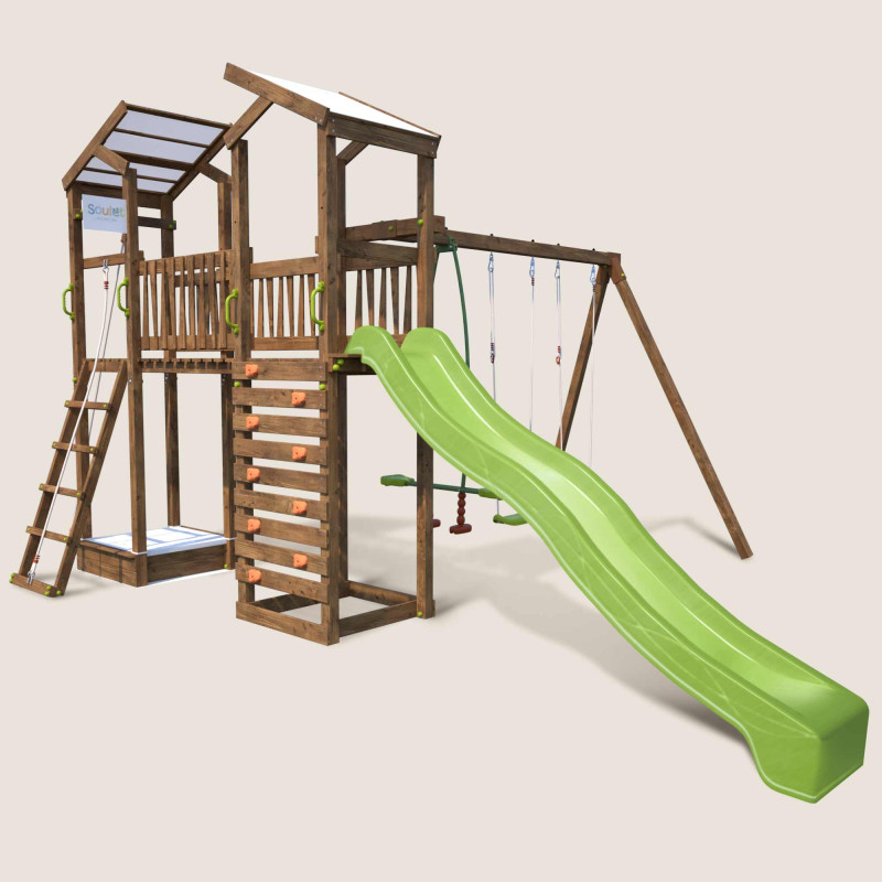 Aire de jeux pour enfant 2 tours avec pont et portique - FUNNY Swing & Bridge 150 - Vue 3/4 droite