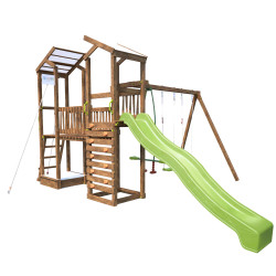 Aire de jeux pour enfant 2 tours avec portique et mur d'escalade - FUNNY Big Climbing - Vue 3/4 droite - Fond blanc