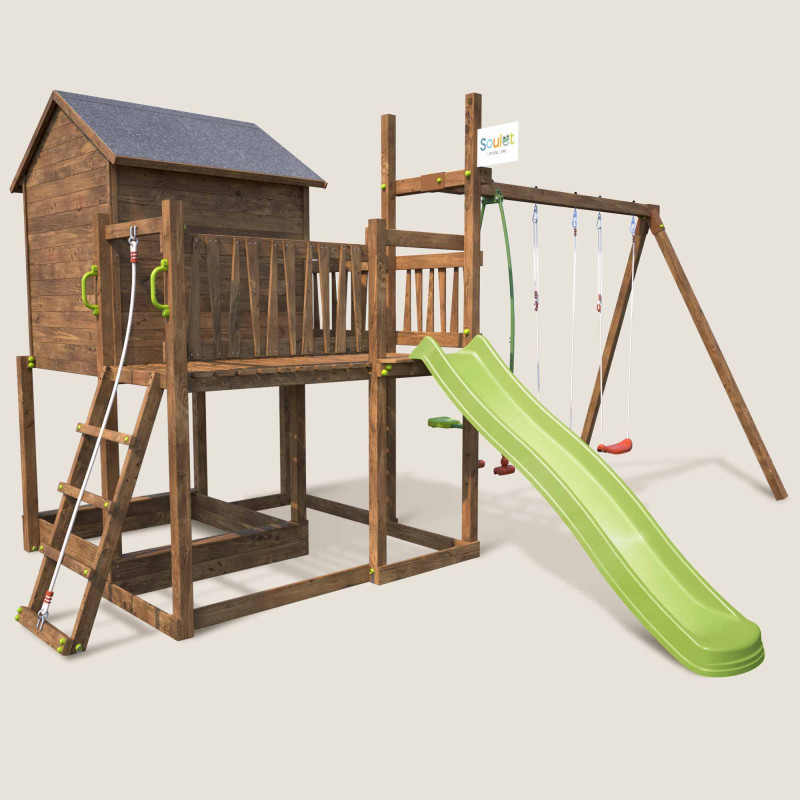 Aire de jeux en bois pour enfant : portique, cabane, balançoire