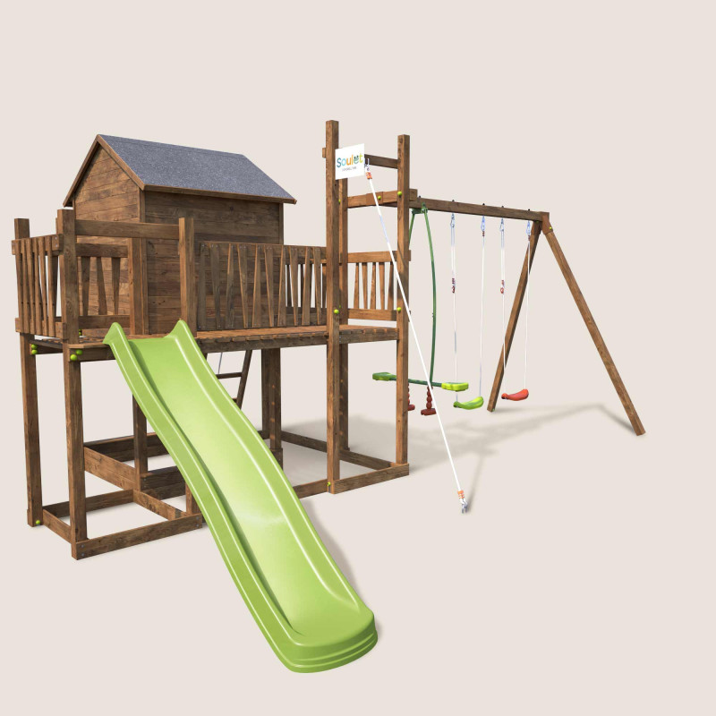 Aire de jeux pour enfant maisonnette avec portique et corde à  grimper - COTTAGE HAPPY - Vue 3/4 droite