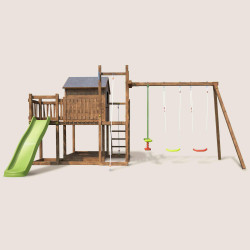 Aire de jeux pour enfant maisonnette avec portique et corde à  grimper - COTTAGE HAPPY - Vue de face