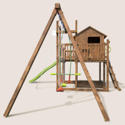 Aire de jeux pour enfant maisonnette avec portique et corde à  grimper - COTTAGE HAPPY - Vue de gauche