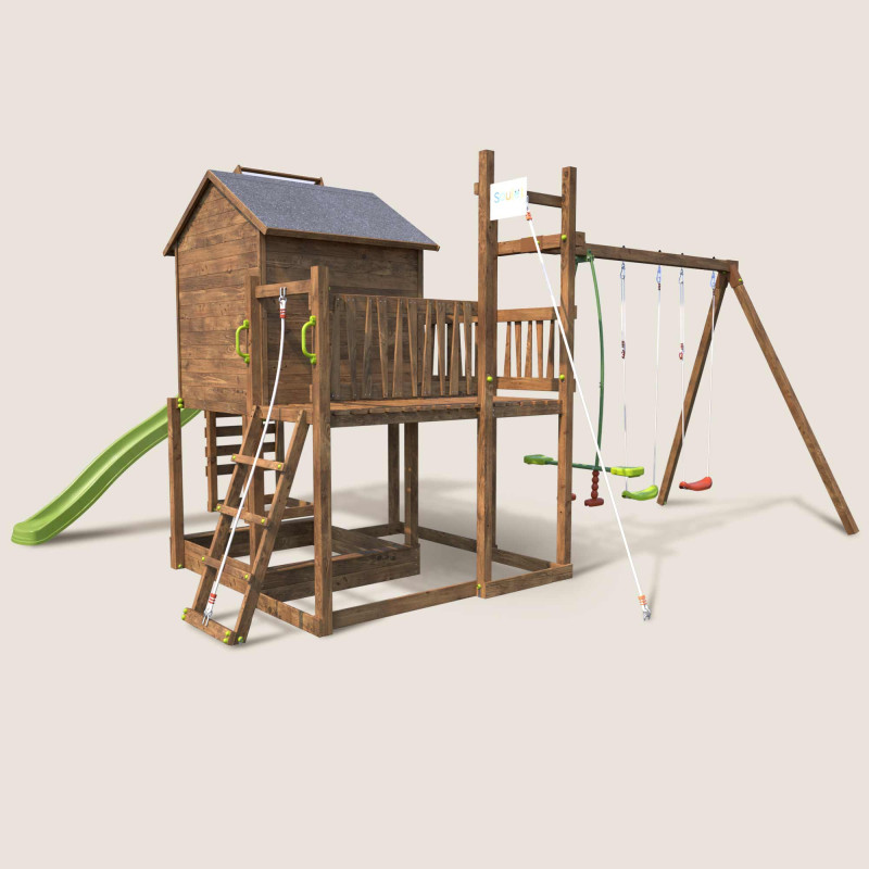 Aire de jeux pour enfant maisonnette avec portique et mur d'escalade - COTTAGE FUNNY - Vue 3/4 droite