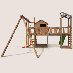 Aire de jeux pour enfant maisonnette avec portique et mur d'escalade - COTTAGE FUNNY - Vue de gauche