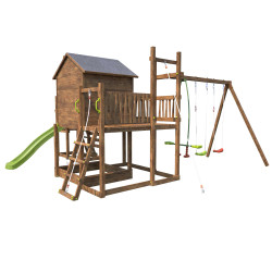 Aire de jeux pour enfant maisonnette avec mur d'escalade et corde à  grimper - COTTAGE CRAZY - Vue 3/4 droite