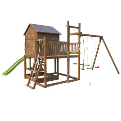 Aire de jeux pour enfant maisonnette avec mur d'escalade et corde à  grimper - COTTAGE CRAZY - Vue 3/4 droite