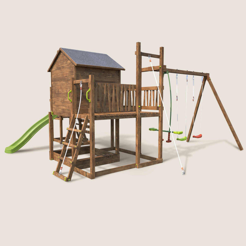 Aire de jeux pour enfant maisonnette avec mur d'escalade et corde à  grimper - COTTAGE CRAZY - Vue 3/4 droite