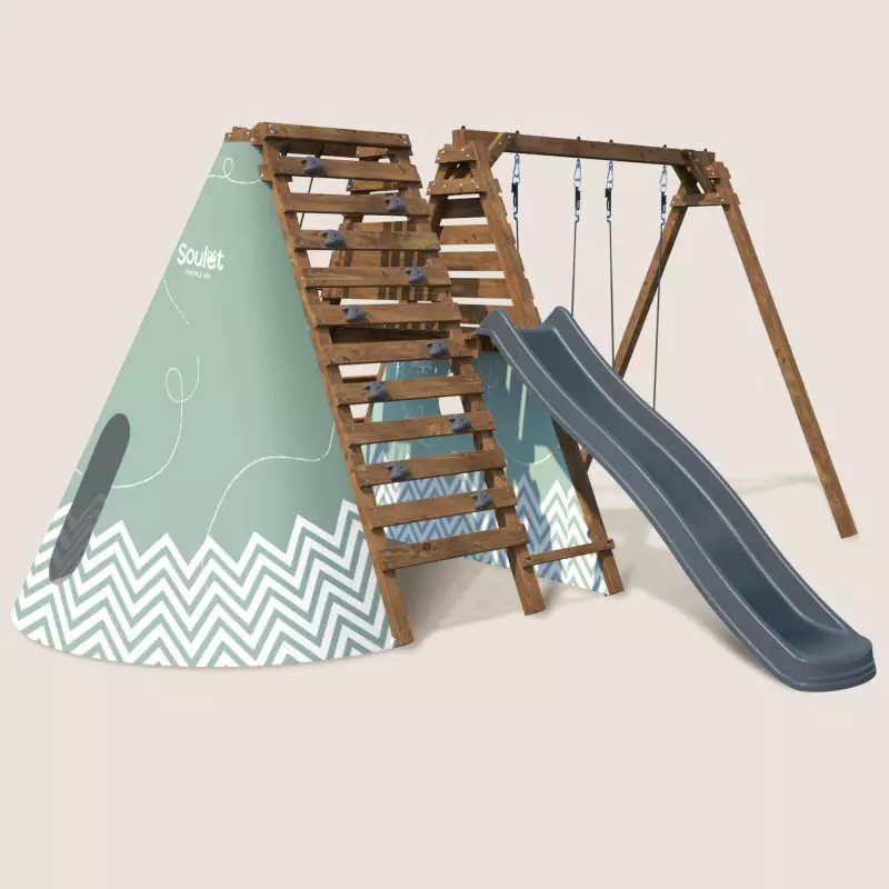 Aire de jeux en bois Apollon – Multi-activités avec toboggan, balançoires, escalade et tipi - Vue 3/4 droite