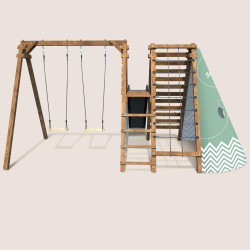 Aire de jeux en bois Apollon – Multi-activités avec toboggan, balançoires, escalade et tipi - Vue de dos