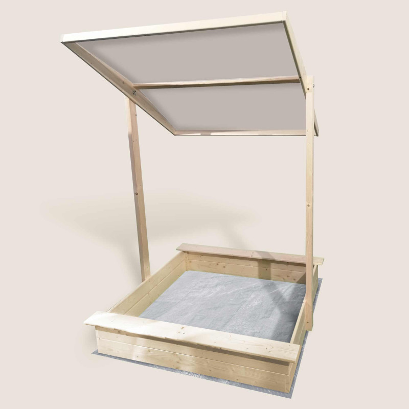 Bac à Sable En Bois Dobár Avec Toit Ajustable - 117x117x117 Cm, FSC, Protection UV, Tapis Inclus