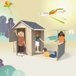 Cabane en bois avec pergola pour enfants - Eugénie - Pour 4 enfants de 3 à 12 ans
