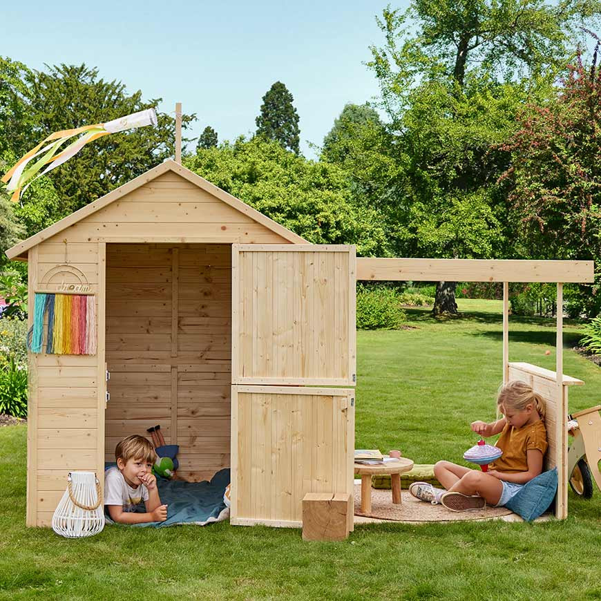 Cabane enfant en bois Soulet avec tissu imprimé – Rideau - Soulet