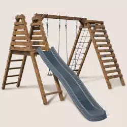 Aire de jeux en bois avec 2 balançoires, mur d'escalade et toboggan ISIS