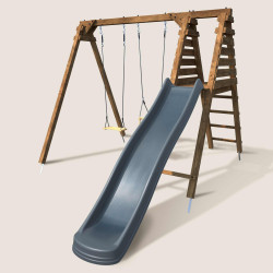 Balançoire avec toboggan en bois traité carré, Objectif Nature 2 agrès - Prune - Vue 3/4 gauche