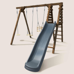 Balançoire avec toboggan en bois traité carré, Objectif Nature 3 agrès - Fleur - Vue 3/4 gauche