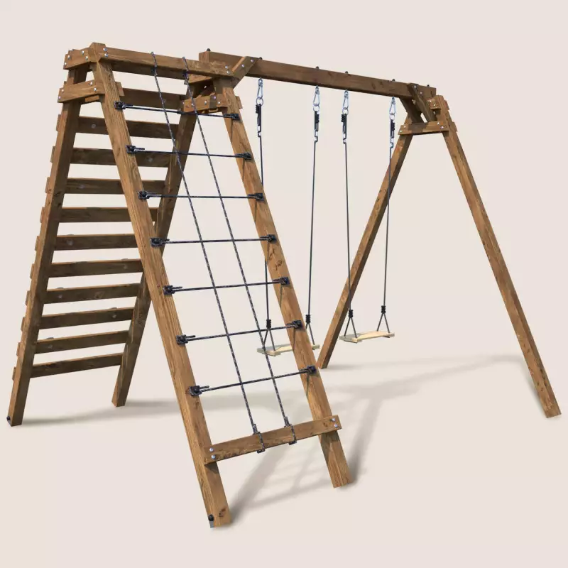 Aire de jeux en bois Tristan avec 2 balançoires et mur d'escalade