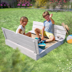 Bac à sable enfant gris avec couvercle et bancs rabattables – Soulet - Pour 4 enfants