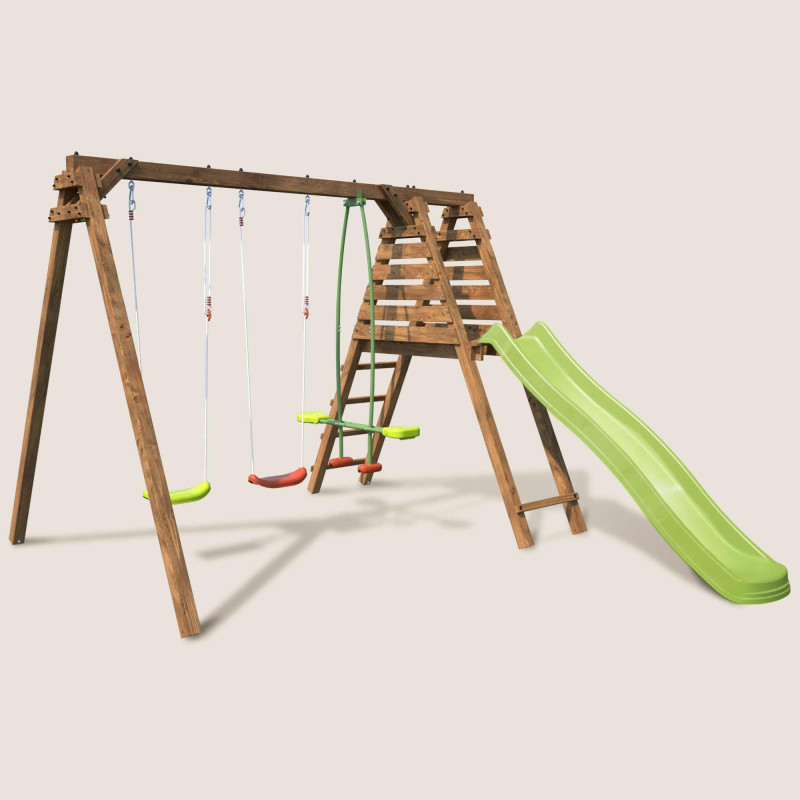 Portique en bois avec plateforme 3 agrès et toboggan - Rose - Vue 3/4 droite