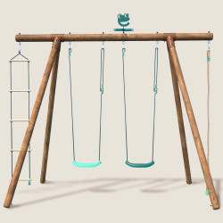 Portique en bois avec corde et échelle 4 agrès - Ernest - Vue face
