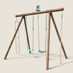 Portique en bois avec corde et échelle 4 agrès - Ernest - Vue 3/4 gauche