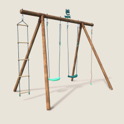 Portique en bois avec corde et échelle 4 agrès - Ernest - Vue 3/4 droite fond beige