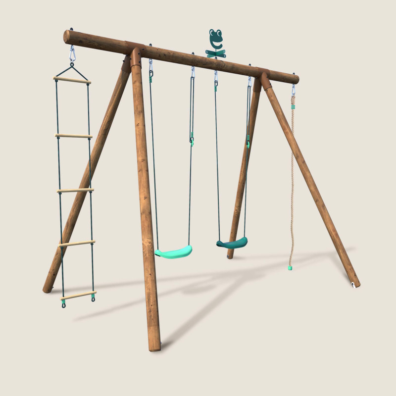Portique en bois avec corde et échelle 4 agrès - Ernest - Vue 3/4 droite fond beige