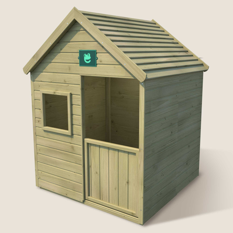 Cabane enfant en bois traité Marina avec plancher et portillon, vue 3/4 côté droit
