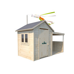 Cabane en bois avec préau pour enfants – Sarah - Fond blanc