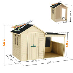 Cabane en bois avec préau pour enfants – Sarah - Dimensions