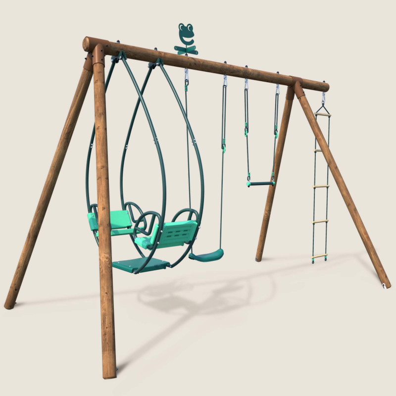 Portique en bois traité 3 agrès et échelle - Juliette - Vue 3/4 droite