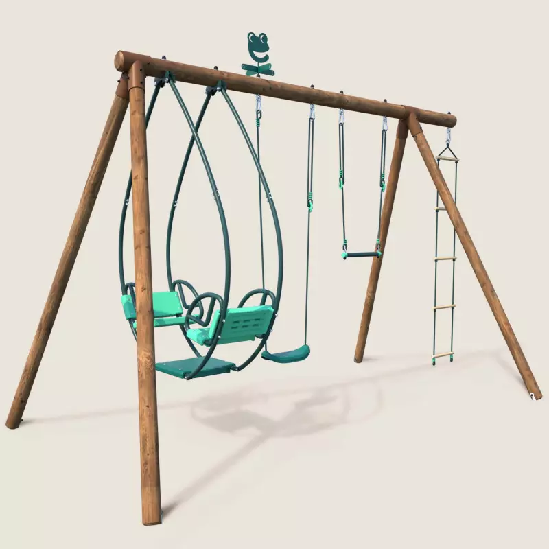Portique balançoire en bois traité 3 agrès et échelle - Juliette - Vue 3/4 droite