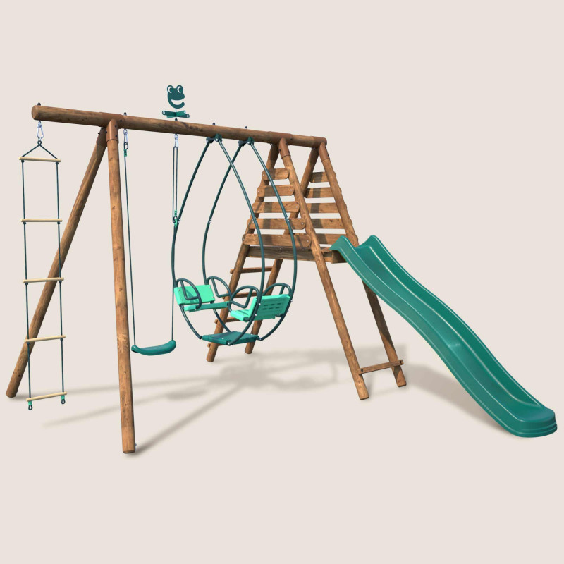 Station portique en bois 3 agrès avec échelle et toboggan - Lavande - Vue 3/4 droite