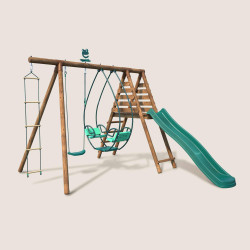 Portique en bois 3 agrès avec échelle et toboggan - Lavande