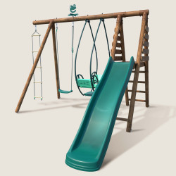 Station portique en bois 3 agrès avec échelle et toboggan - Lavande - Vue 3/4 gauche