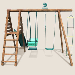 Station portique en bois 3 agrès avec échelle et toboggan - Lavande - Vue de dos
