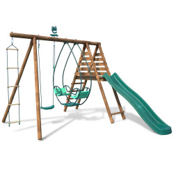 Station portique en bois 3 agrès avec échelle et toboggan - Lavande - Vue 3/4 droite